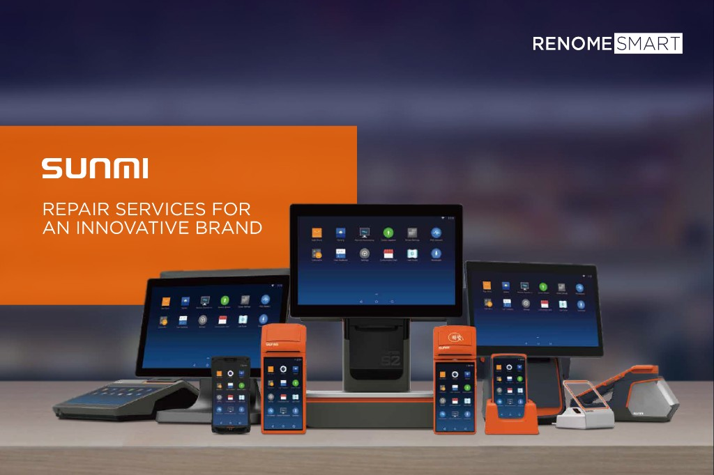 Sunmi retail hardware ecosystem: desktop POS terminals, docks and peripherals on a display surface