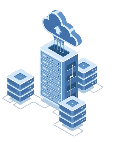 Isometric illustration of cloud-connected servers and data infrastructure representing SaaS and custom software platforms