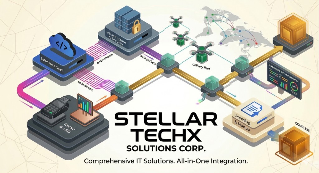 Isometric diagram of the Stellar Techx integrated IT ecosystem: Software & SaaS, Infrastructure & Security, Retail & LED, Licensing & Startup, connectivity monitoring, and data flow to completion